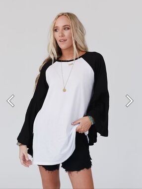 Three Bird Nest White Tunic with Charcoal Ruffle Sleeves